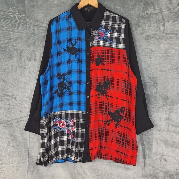 Calessa Tops - Womens Top 2X Artsy Plaid Flannel Boho Floral Cottagecore Patchwork Button Tunic